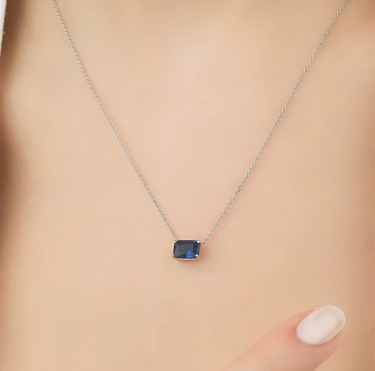 Sapphire Necklace, 14K White Gold Emerald Cut Sapphire Solitaire Necklace