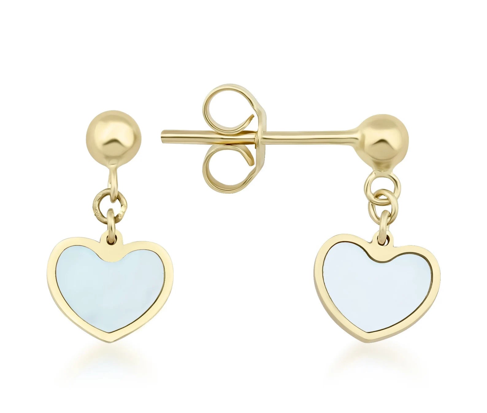 Boucles d'oreilles pendantes en forme de cœur en nacre et or jaune 14 carats