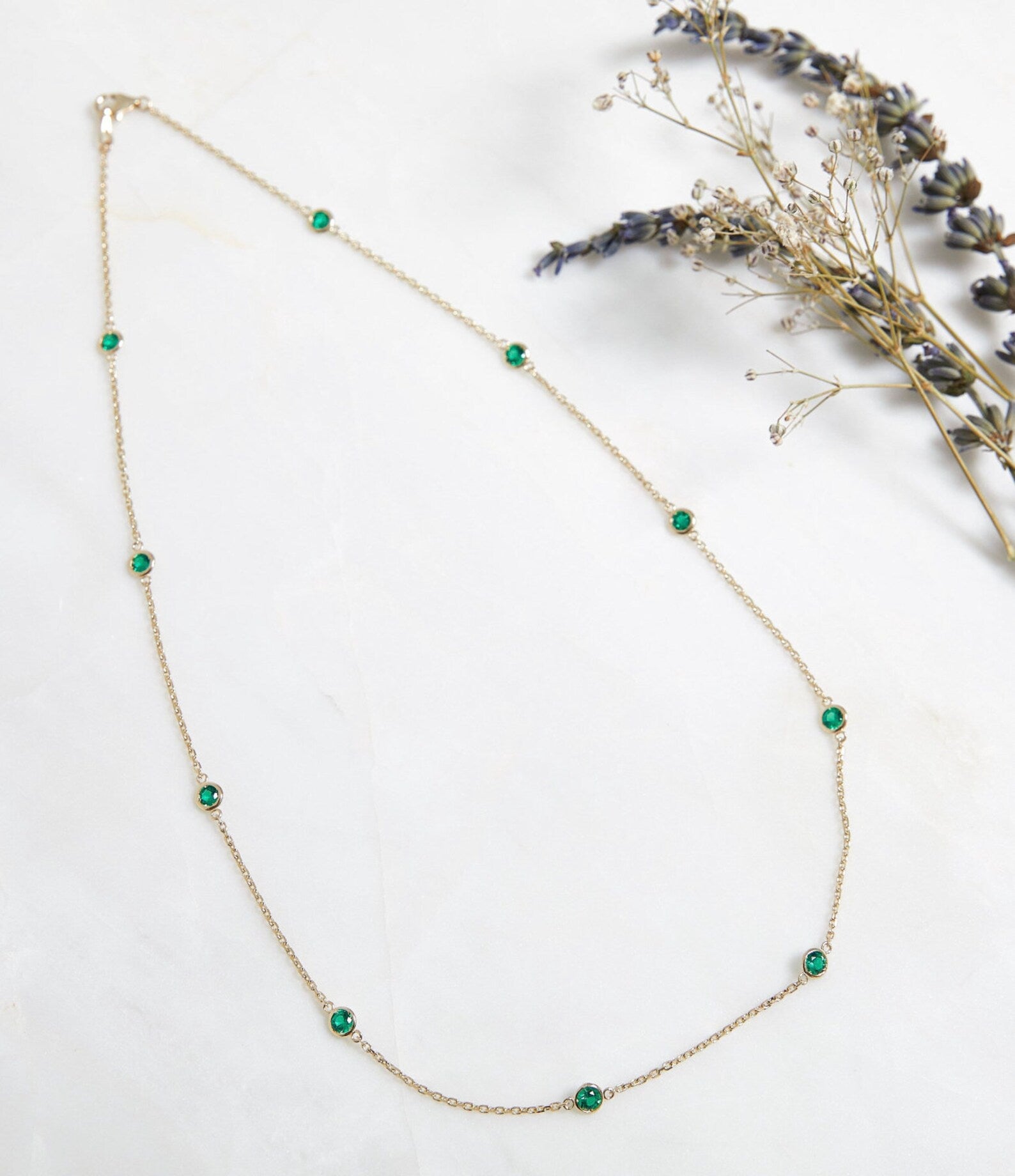 14K Gold Emerald Station Necklace, Diamond by the Yard Necklace