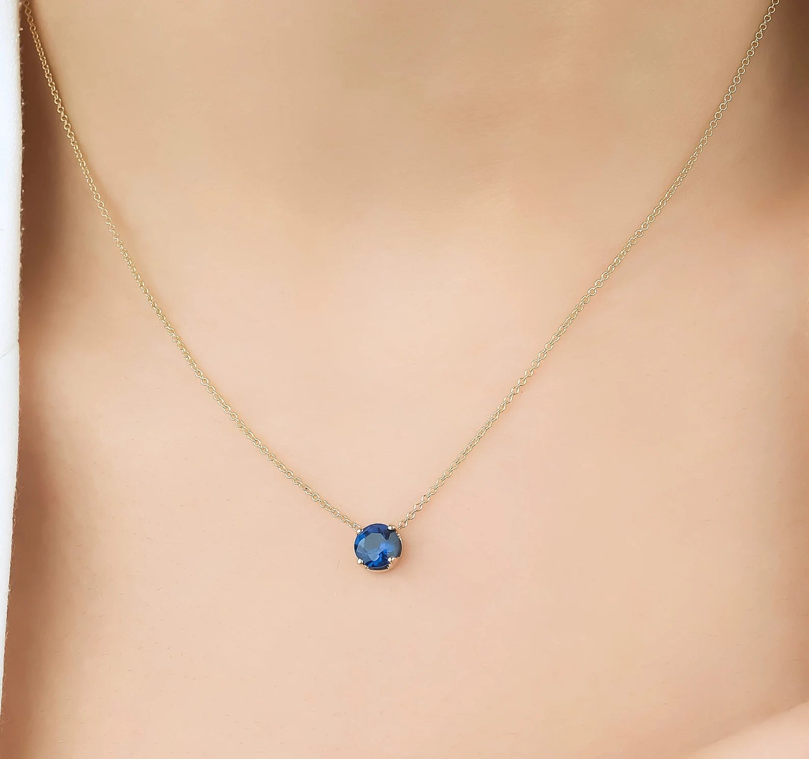 Collier saphir, collier saphir solitaire en or jaune massif 14K 6 mm
