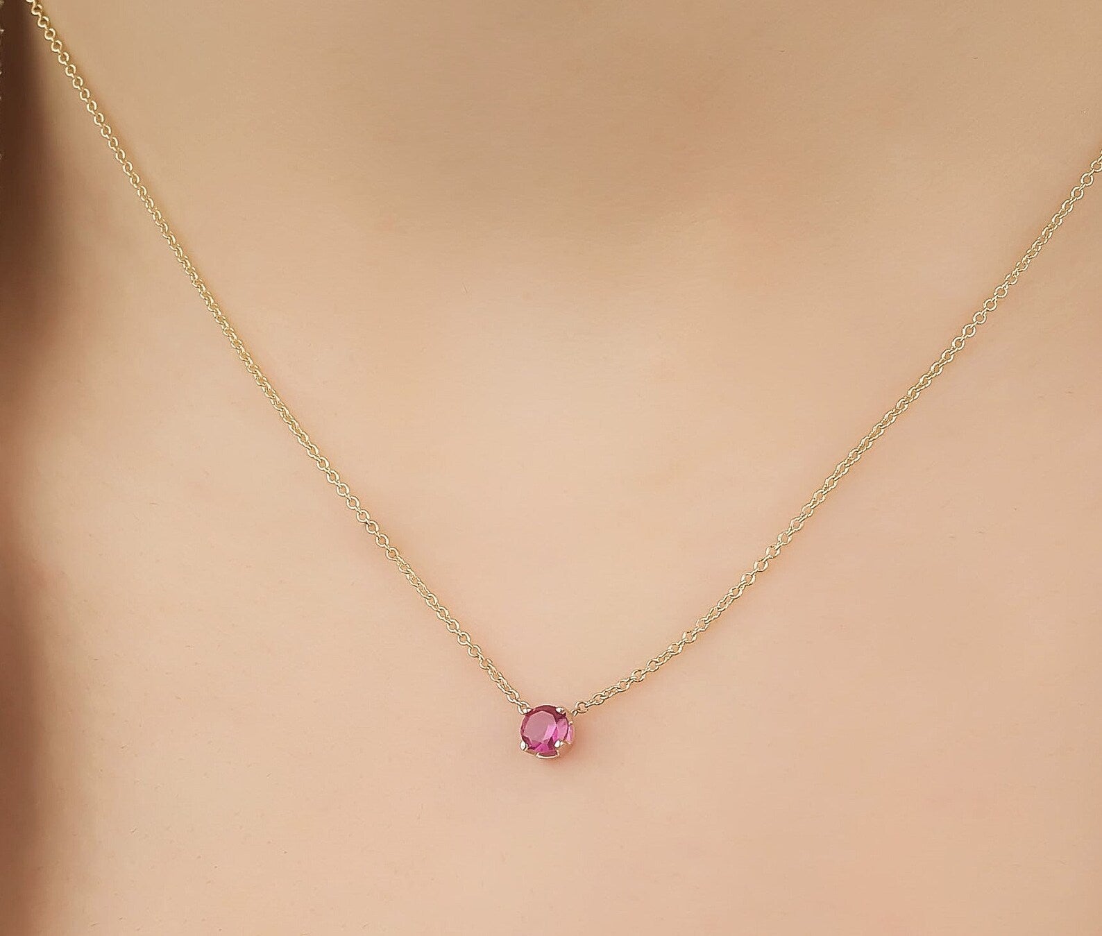 14K Yellow Gold 4mm Bezel Set Solitaire Ruby Necklace