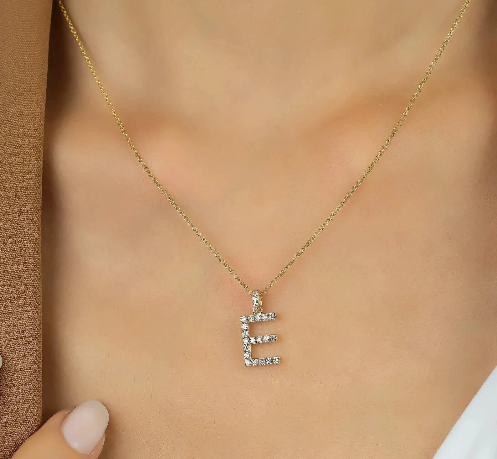 Collar con inicial de diamante natural de oro amarillo de 14 quilates, collar con letra E