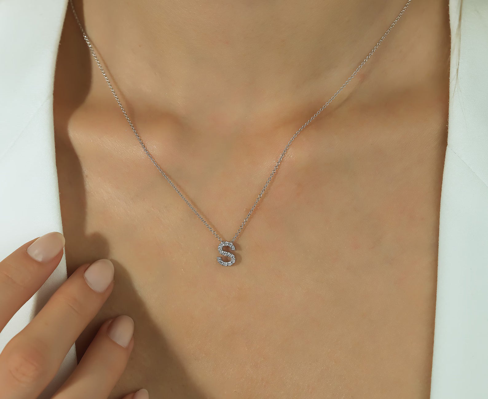 Collier initial en diamant en or blanc massif 14K, collier lettre S