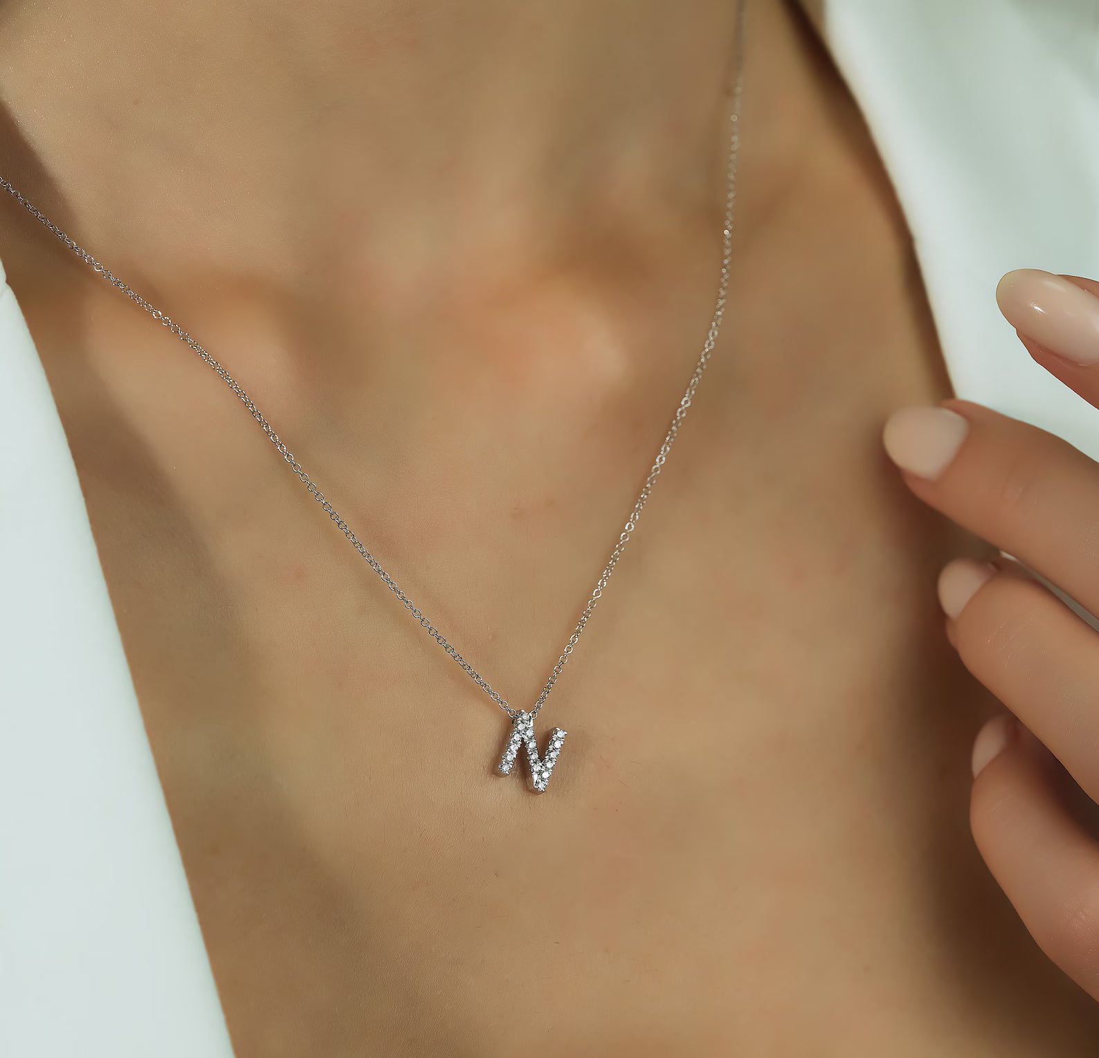 Collier initial en diamant naturel en or blanc 14 carats, collier lettre N