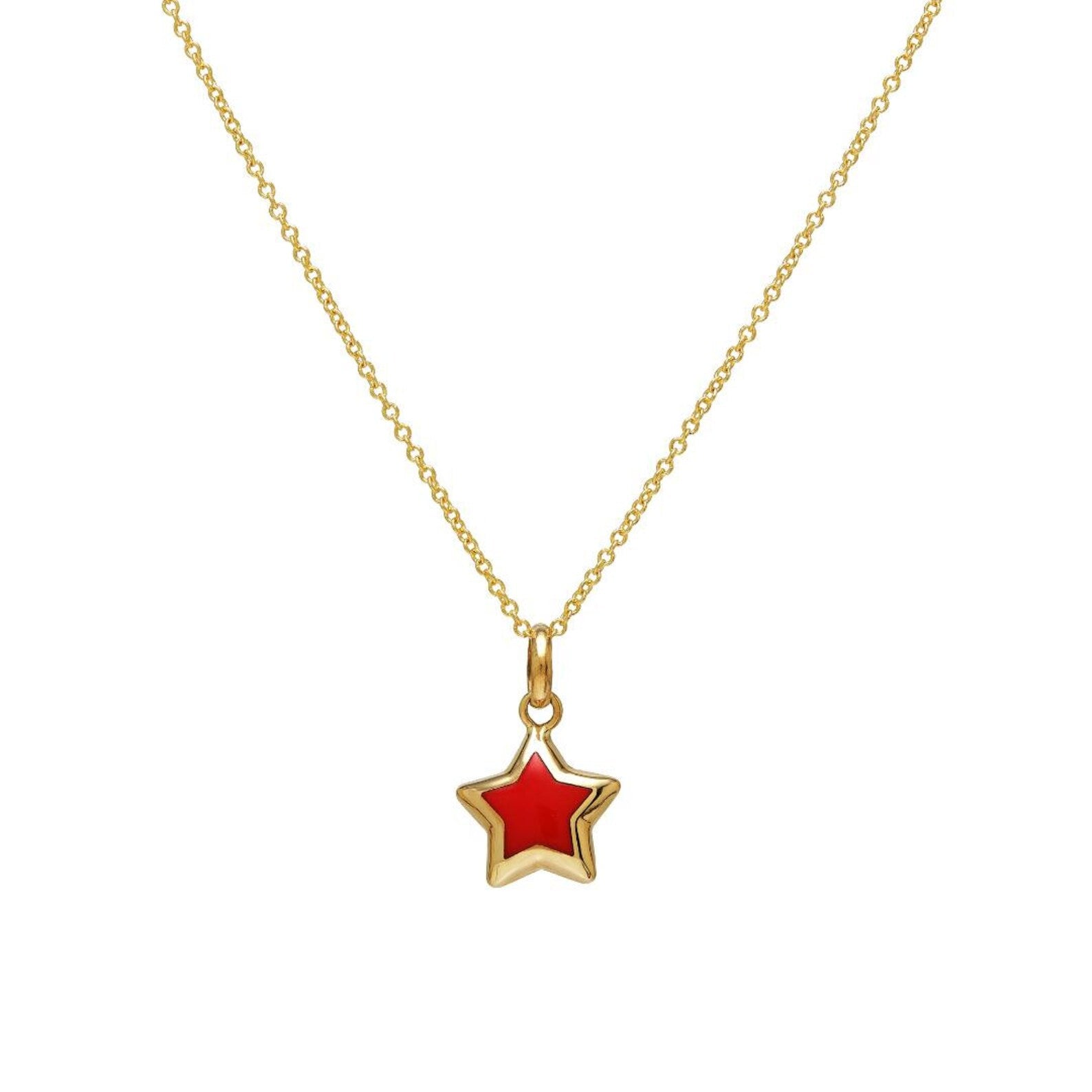 14K Yellow Gold Coral Puffed Star Necklace