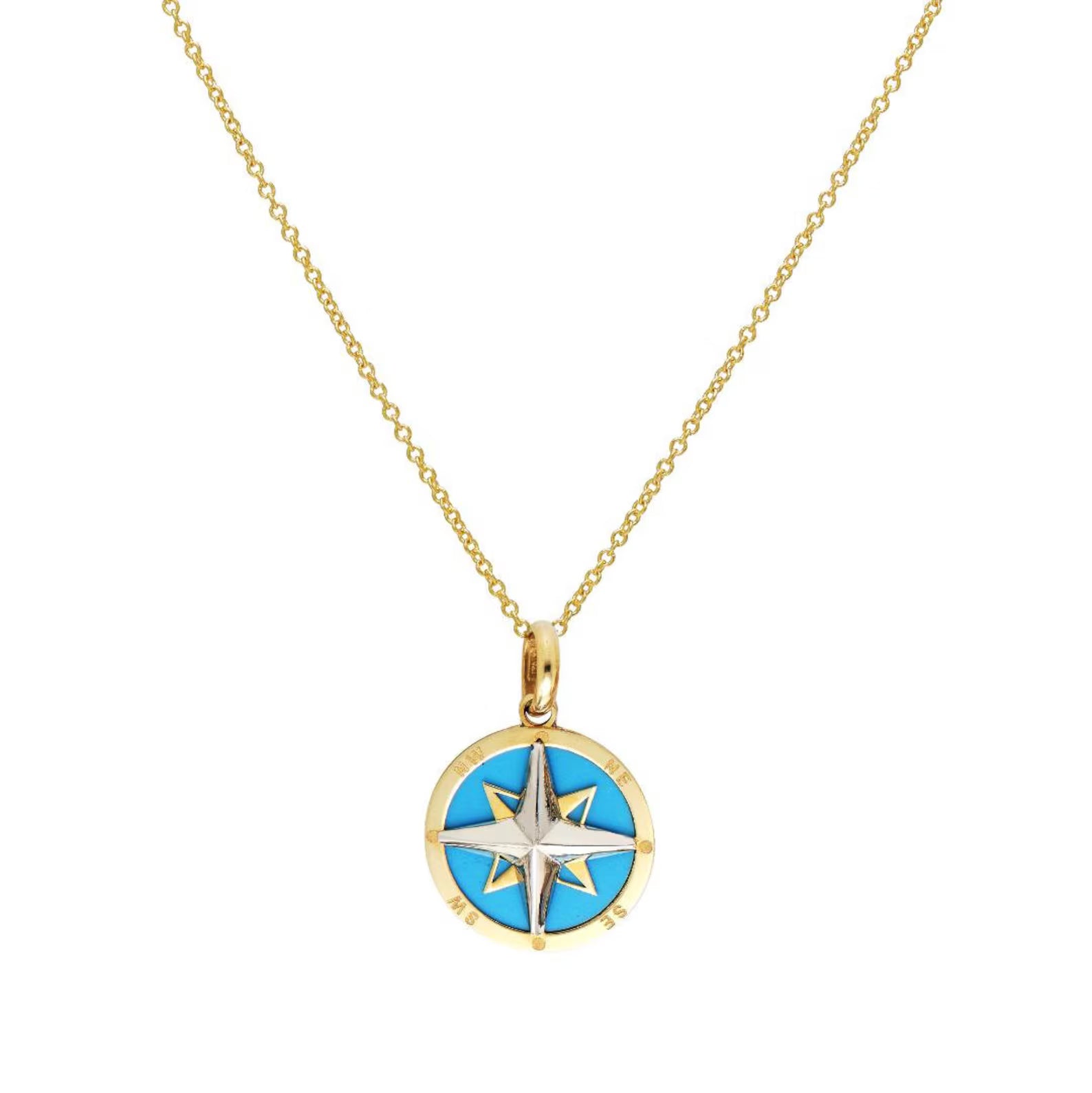 14K Yellow Gold Turquoise Compass Necklace
