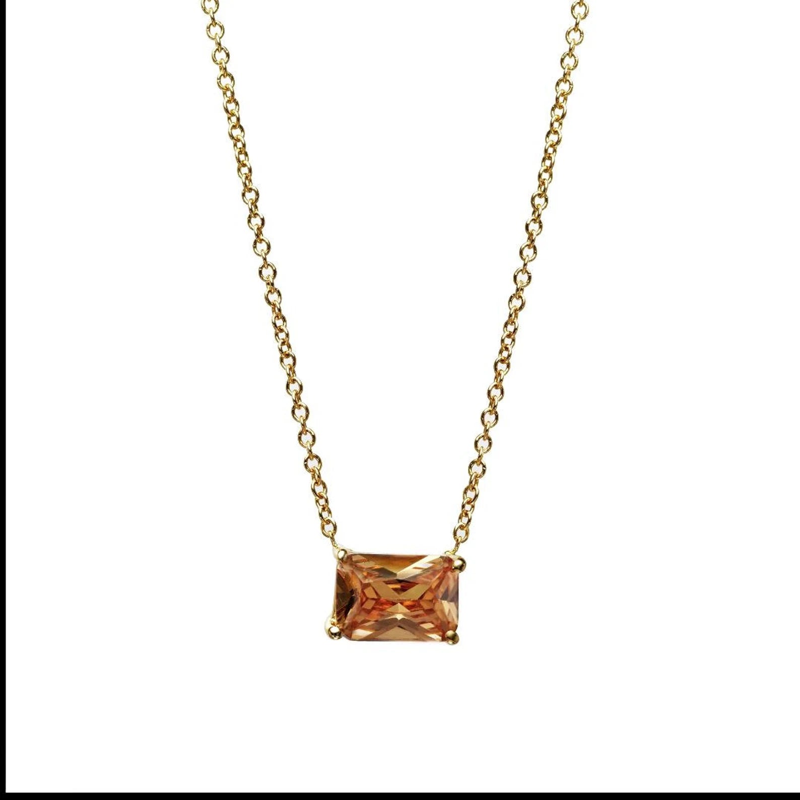 14K Yellow Gold Emerald Cut Champagne Color Solitaire Necklace