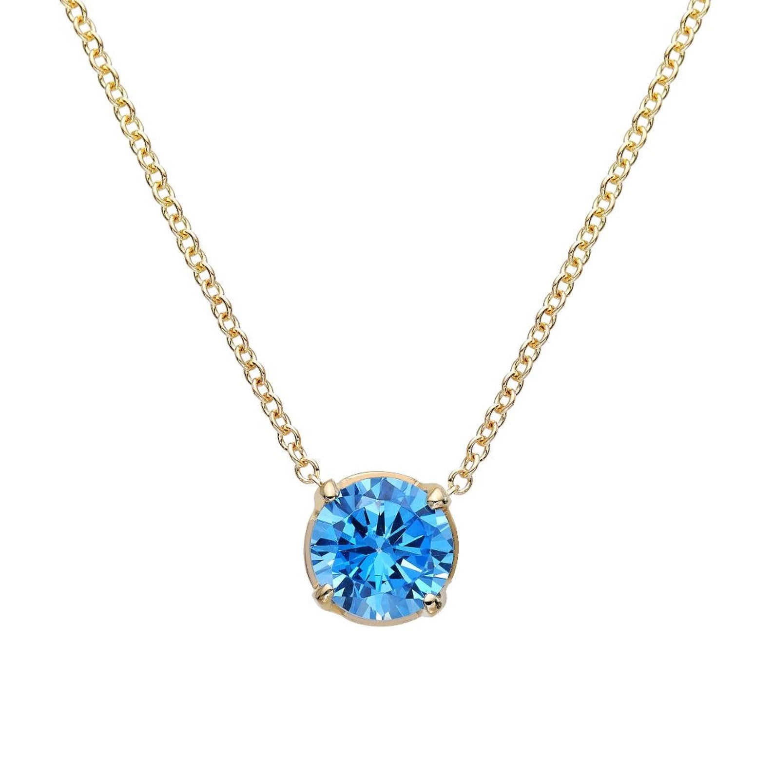 14K Solid Yellow Gold 6mm Blue Aquamarine Solitaire Necklace