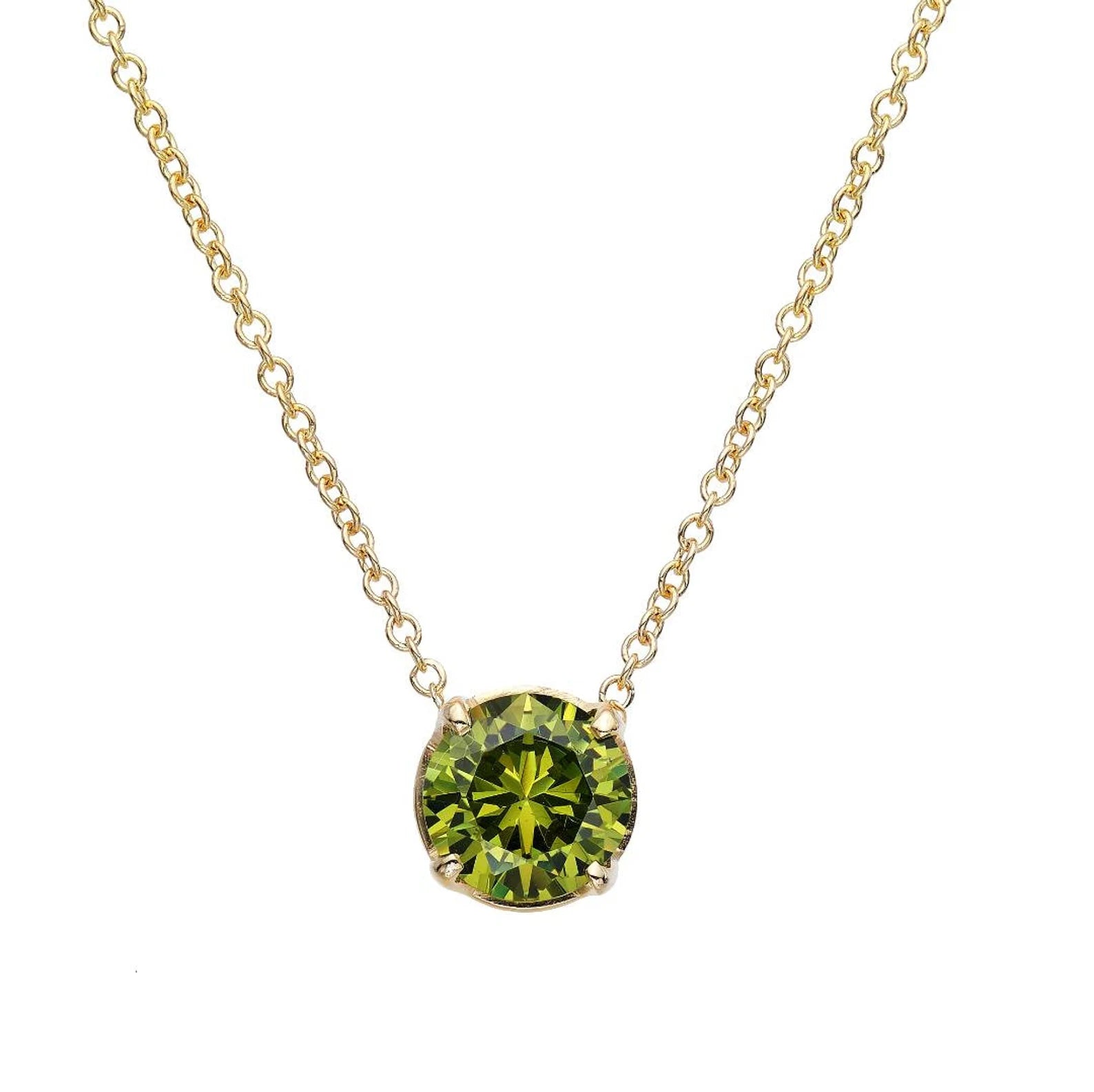 Collier solitaire péridot vert en or massif 14 carats 6 mm