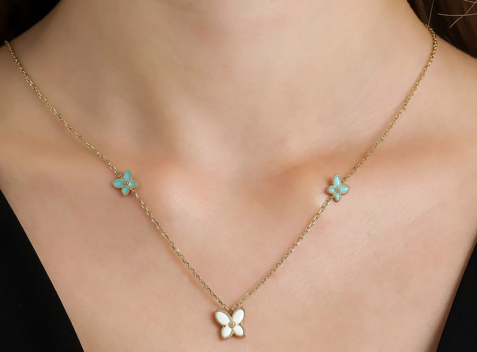 14K Yellow Gold Enamel Butterfly Necklace