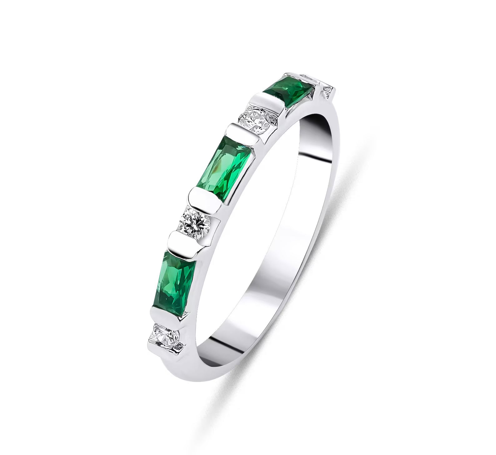 14K Solid White Gold Emerald and Diamond Wedding Ring