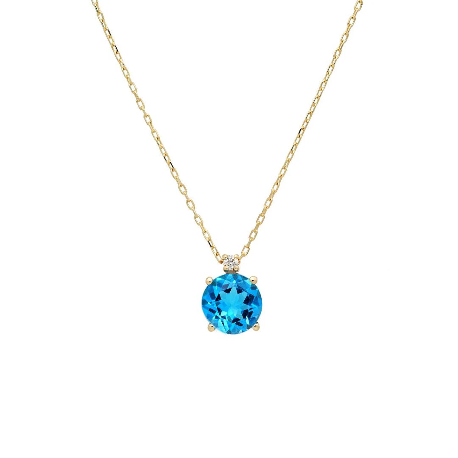 Collier solitaire en or jaune 14 carats avec topaze bleue et diamants
