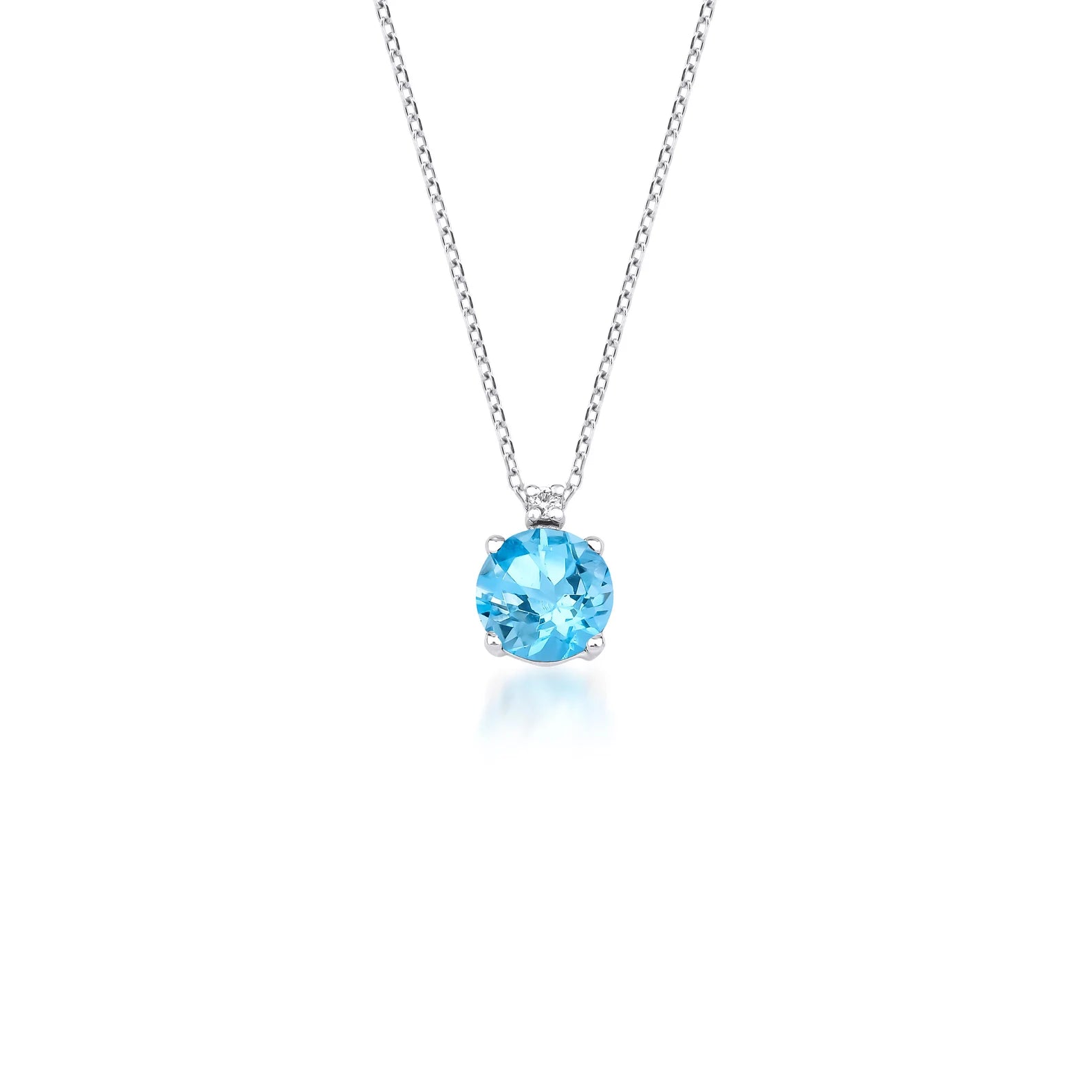Collier solitaire en or blanc 14 carats avec topaze bleue et diamants