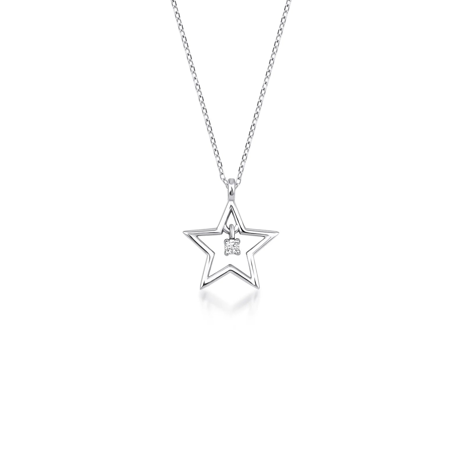14K Solid White Gold Diamond Star Necklace