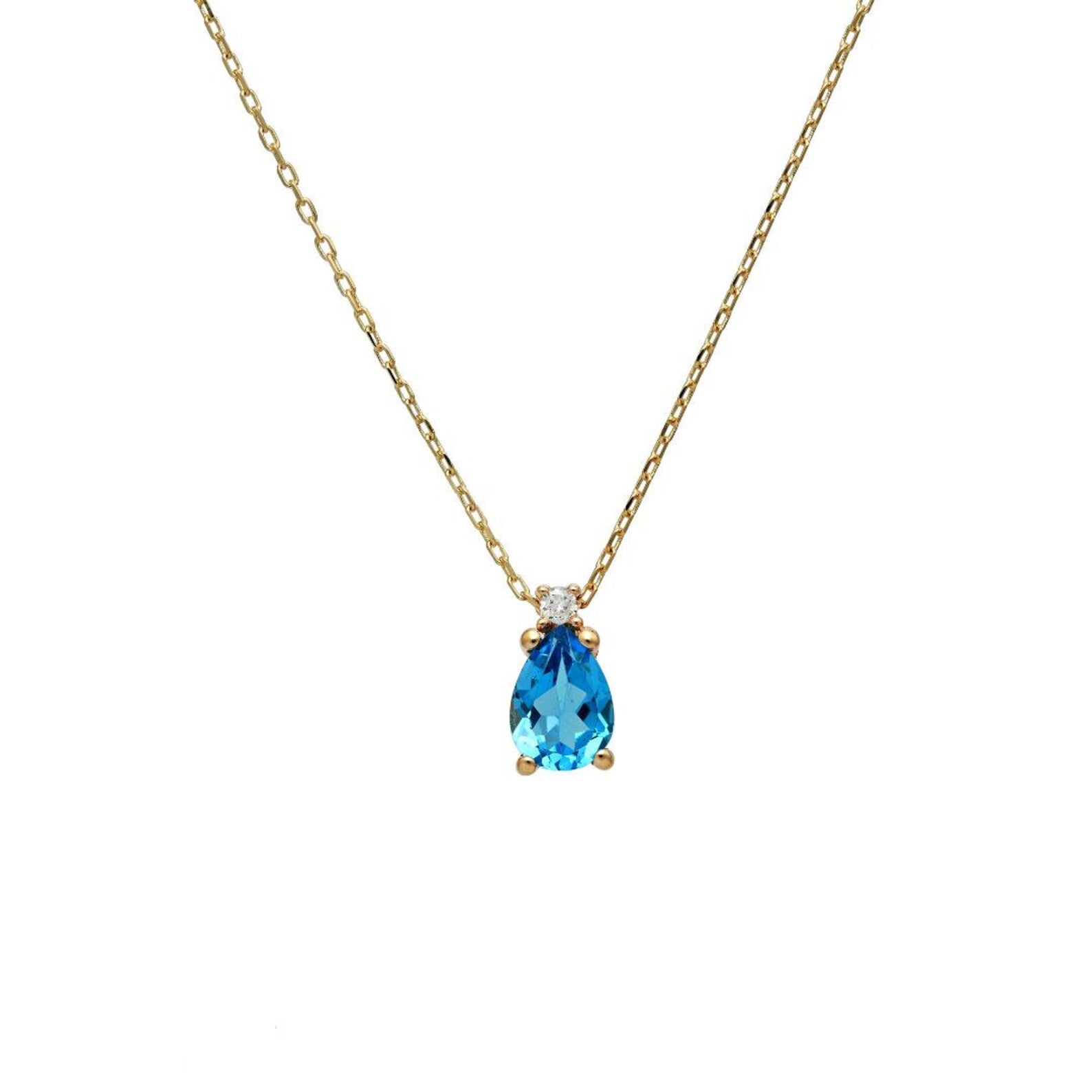 Collier solitaire topaze bleue en forme de poire en or jaune 14 carats