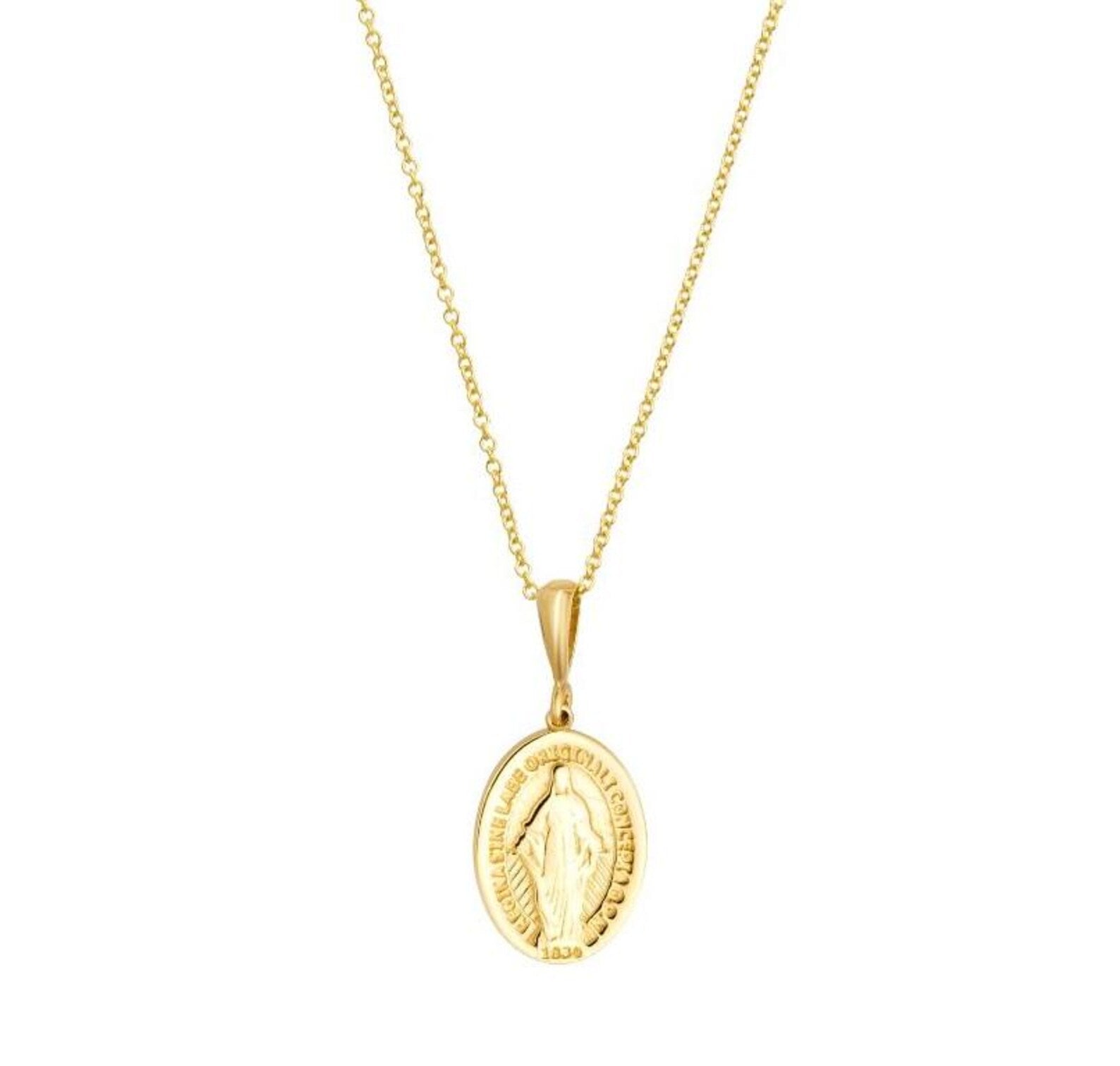 14K Solid Yellow Gold Virgin Mary Necklace, Jesus Necklace