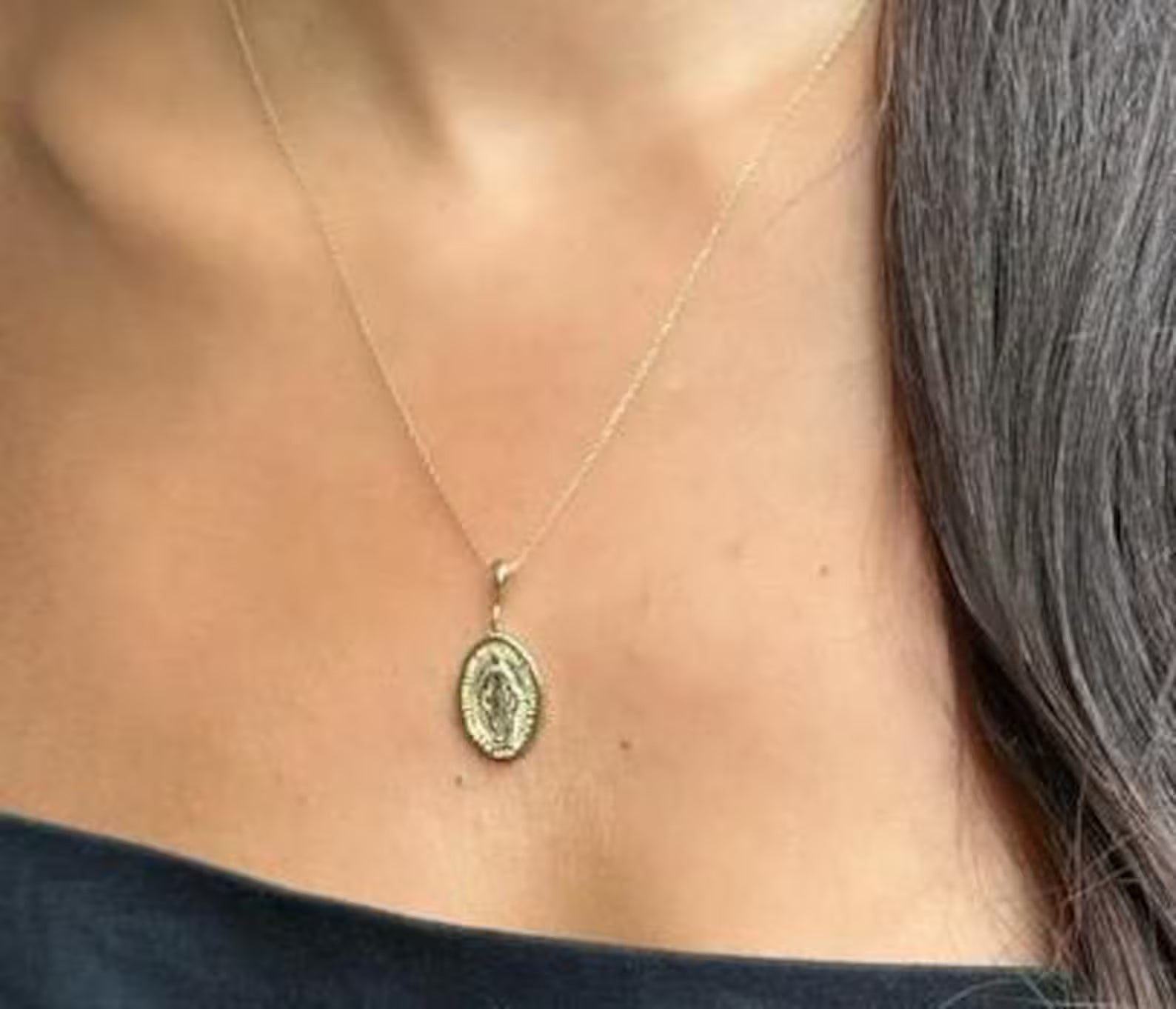 14K Solid Yellow Gold Virgin Mary Necklace, Jesus Necklace