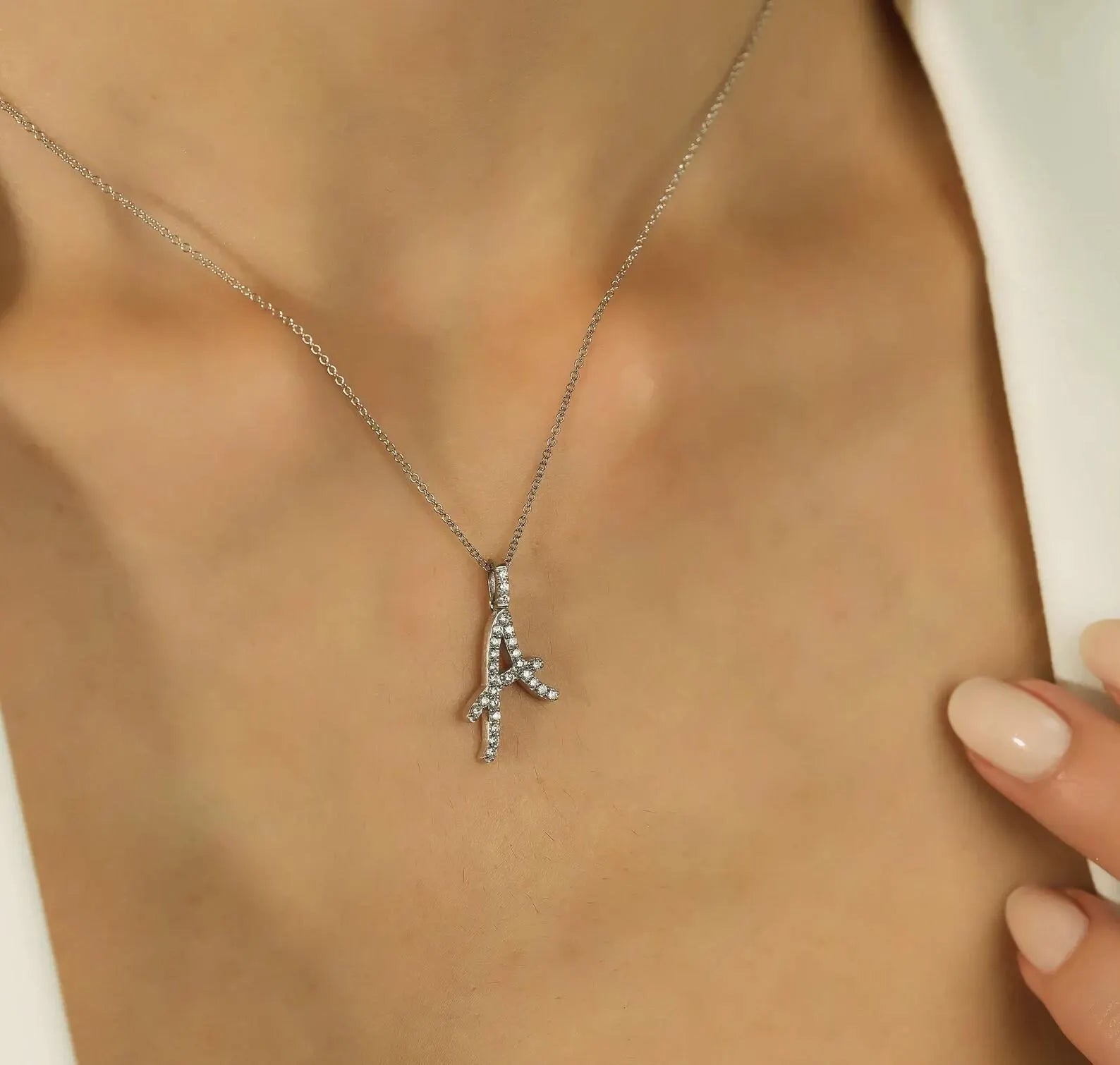Collier initial en diamant en or blanc massif 14K, collier lettre A de script