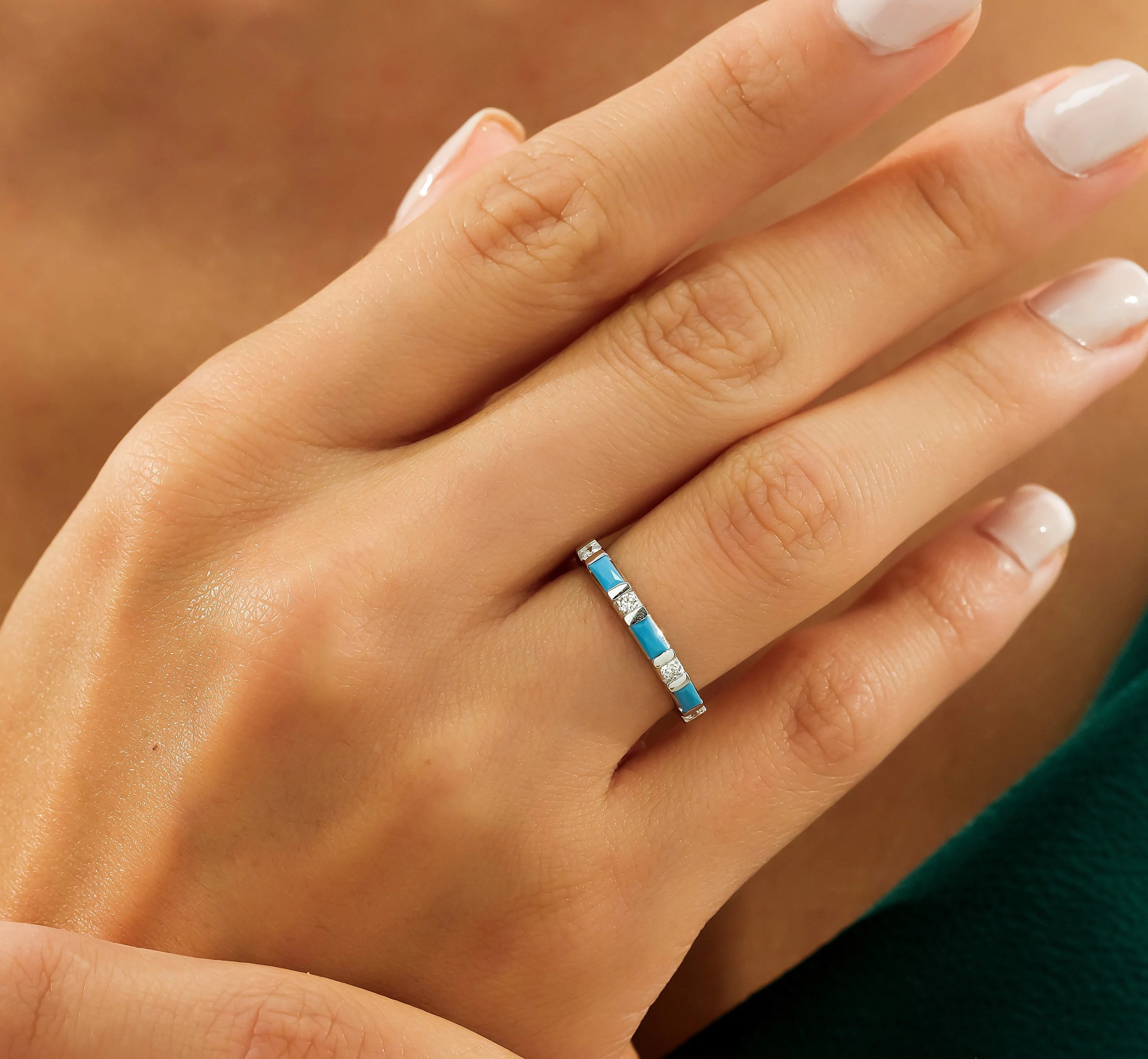 14K Solid White Gold Turquoise and Diamond Wedding Ring