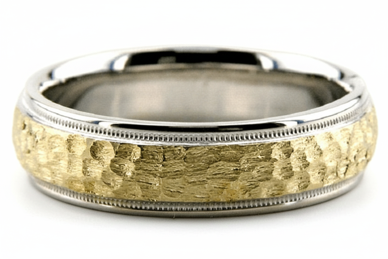 Two Tone Gold Hammered Finish Wedding Rings