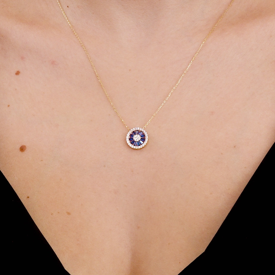 Dainty 14K solid yellow gold necklace featuring a round sapphire pendant with CZ stones, perfect for everyday wear.