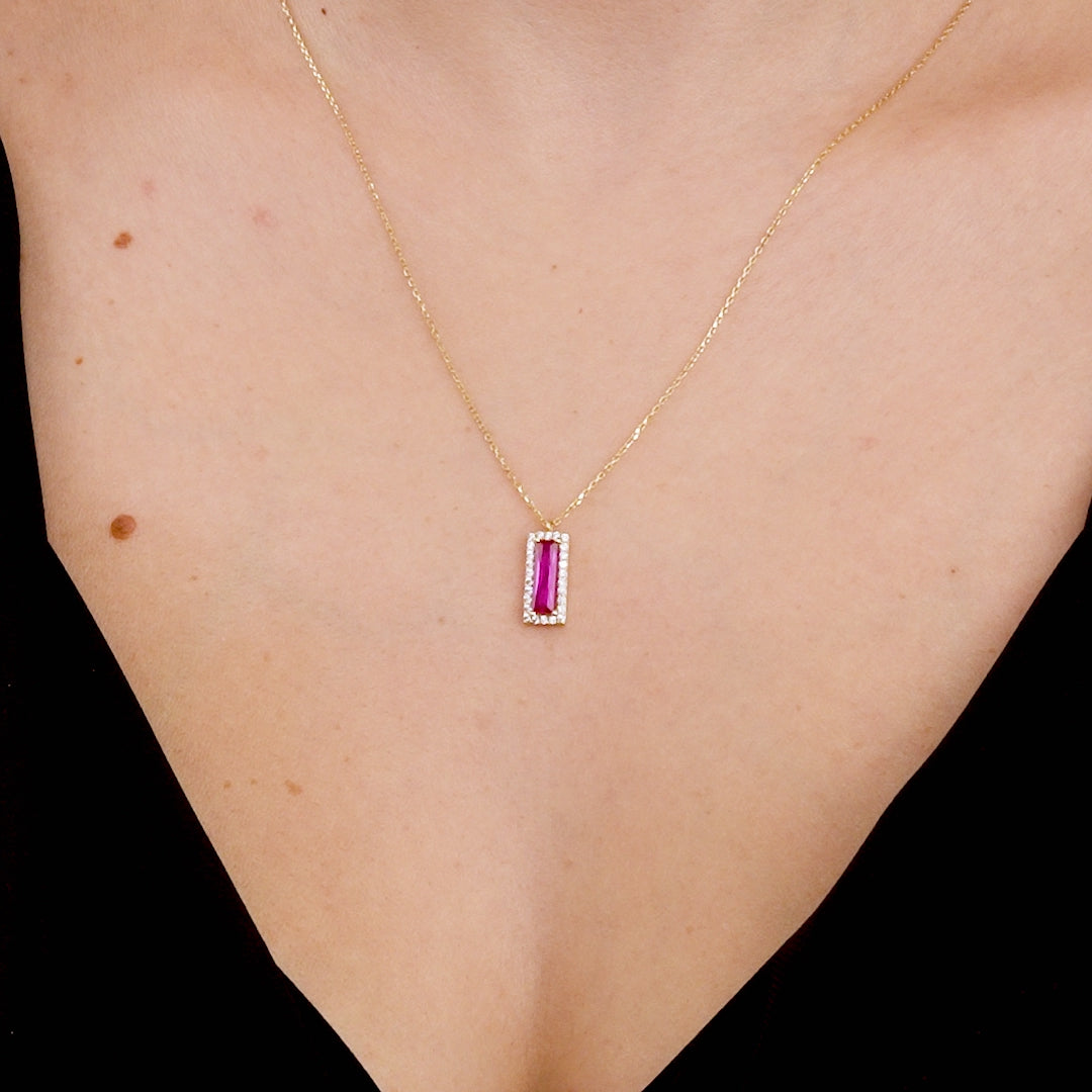 Dainty 14K solid yellow gold necklace featuring a baguette ruby pendant with cz stones, perfect for everyday wear.
