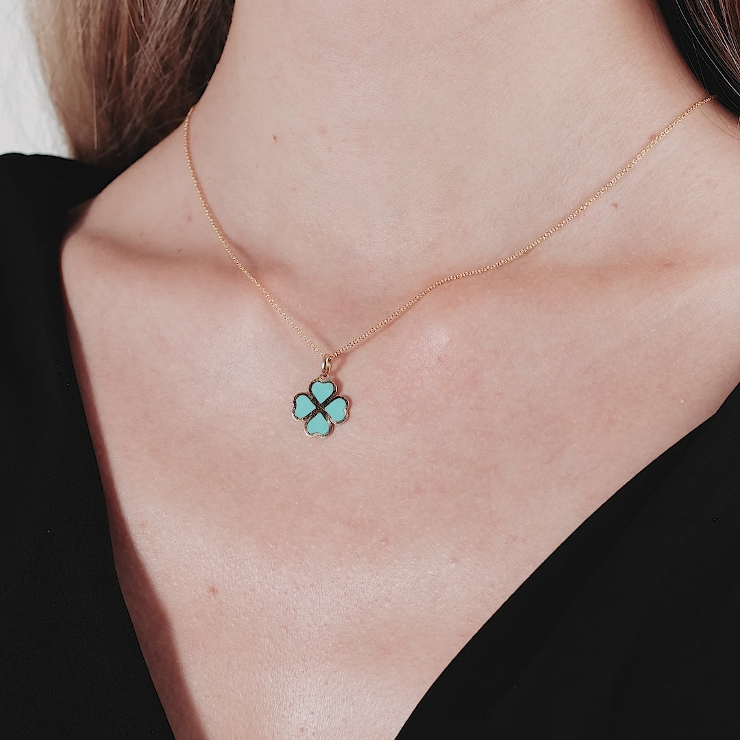 14K yellow gold turquoise clover pendant necklace worn on a model, perfect for everyday elegance.
