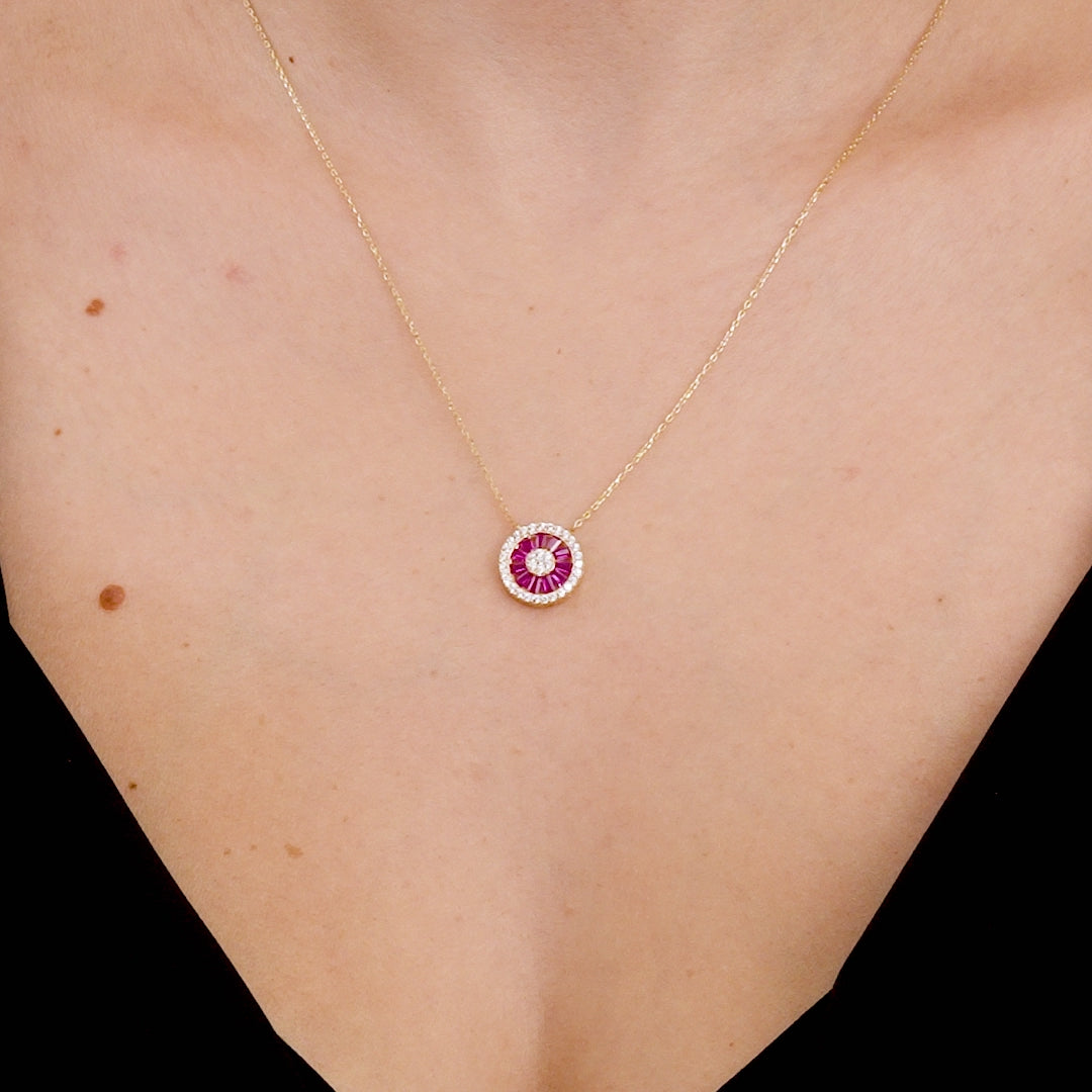 Dainty 14K solid yellow gold necklace featuring a lab ruby pendant surrounded by CZ stones, perfect for everyday wear.