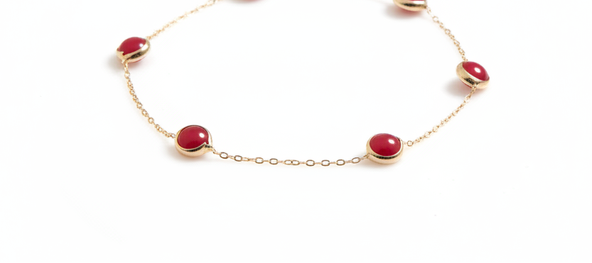 14K Solid Yellow Gold Beaded Station Ruby Bracelet