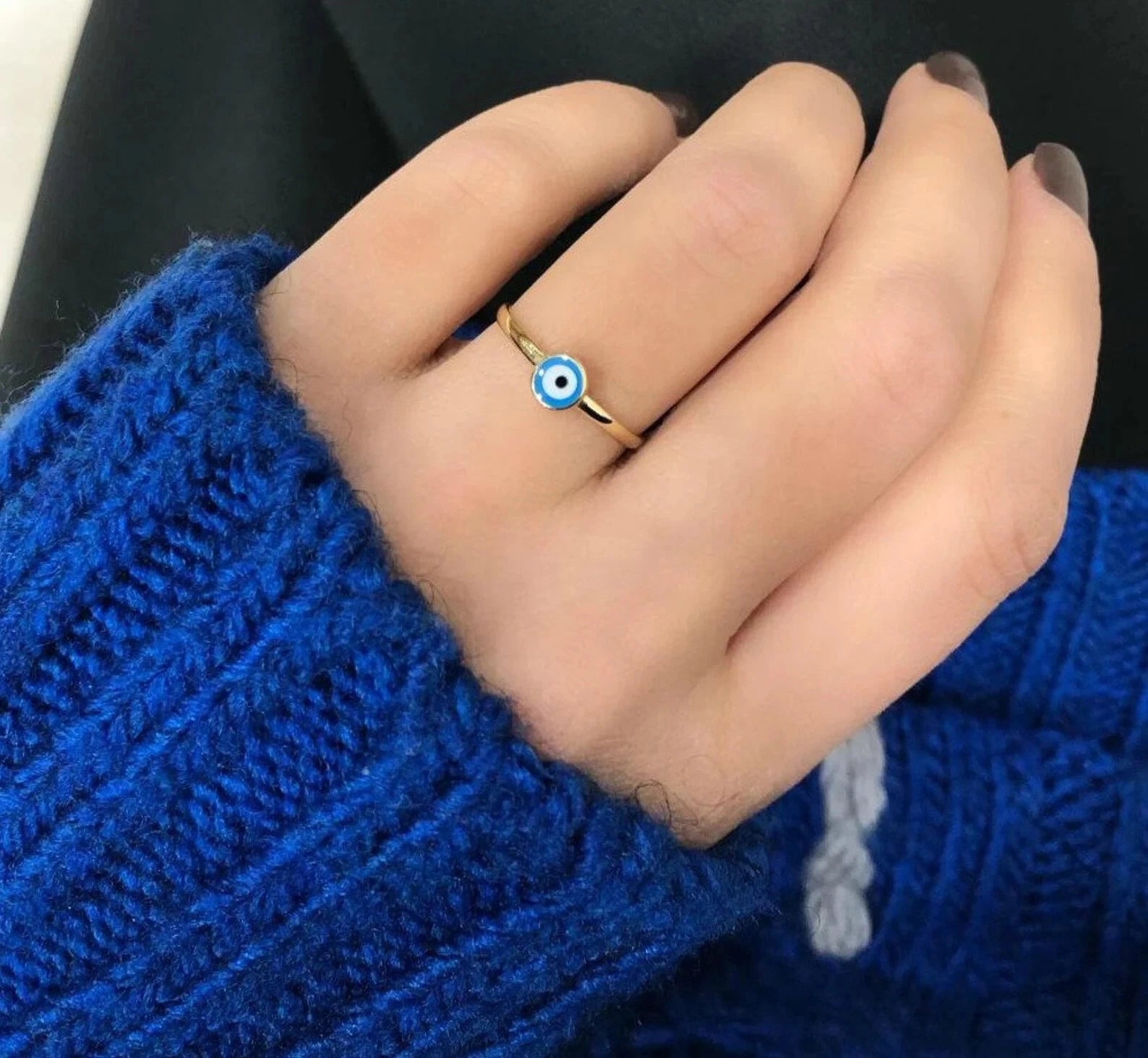 14K Solid Yellow Gold Minimalist Evil Eye Ring