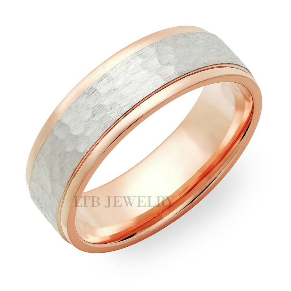 Alliances de mariage pour hommes, finition martelée, or blanc et rose 14 carats, 7 mm
