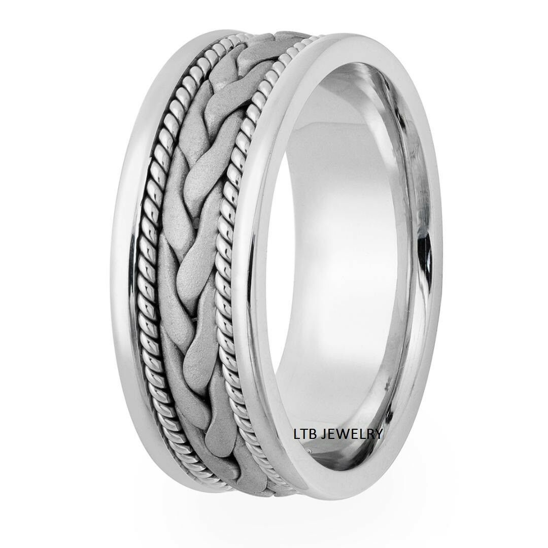 14K White Gold Handmade Braided Mens Wedding Bands