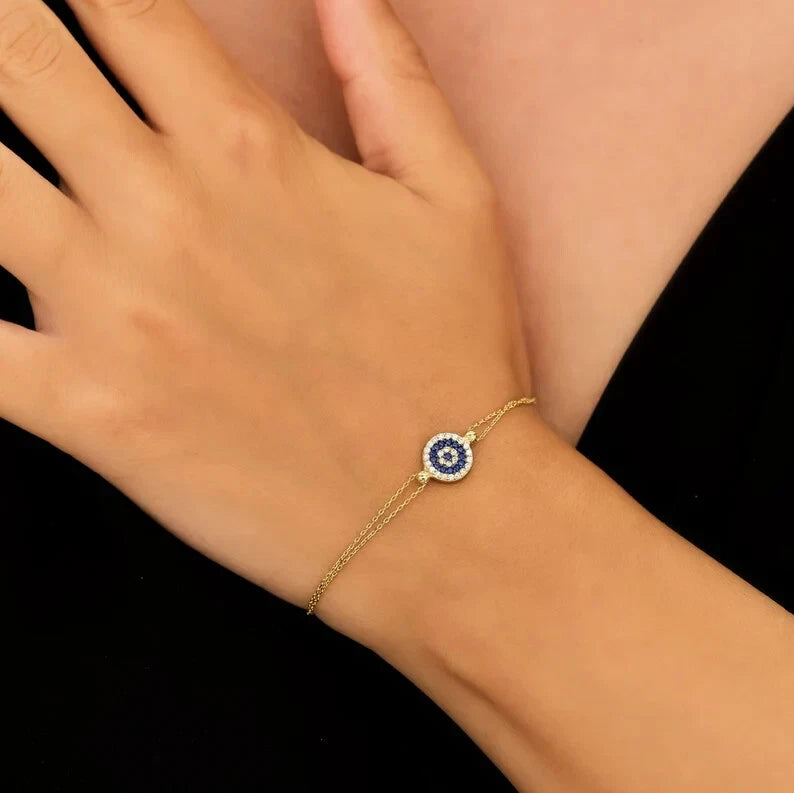 Pulsera de oro amarillo macizo de 14 quilates con mal de ojo