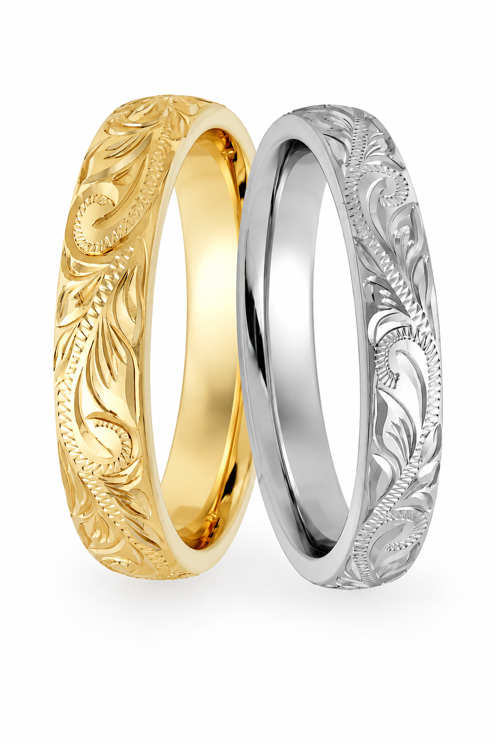 Alliances de mariage assorties en or blanc et jaune 14 carats gravées à la main