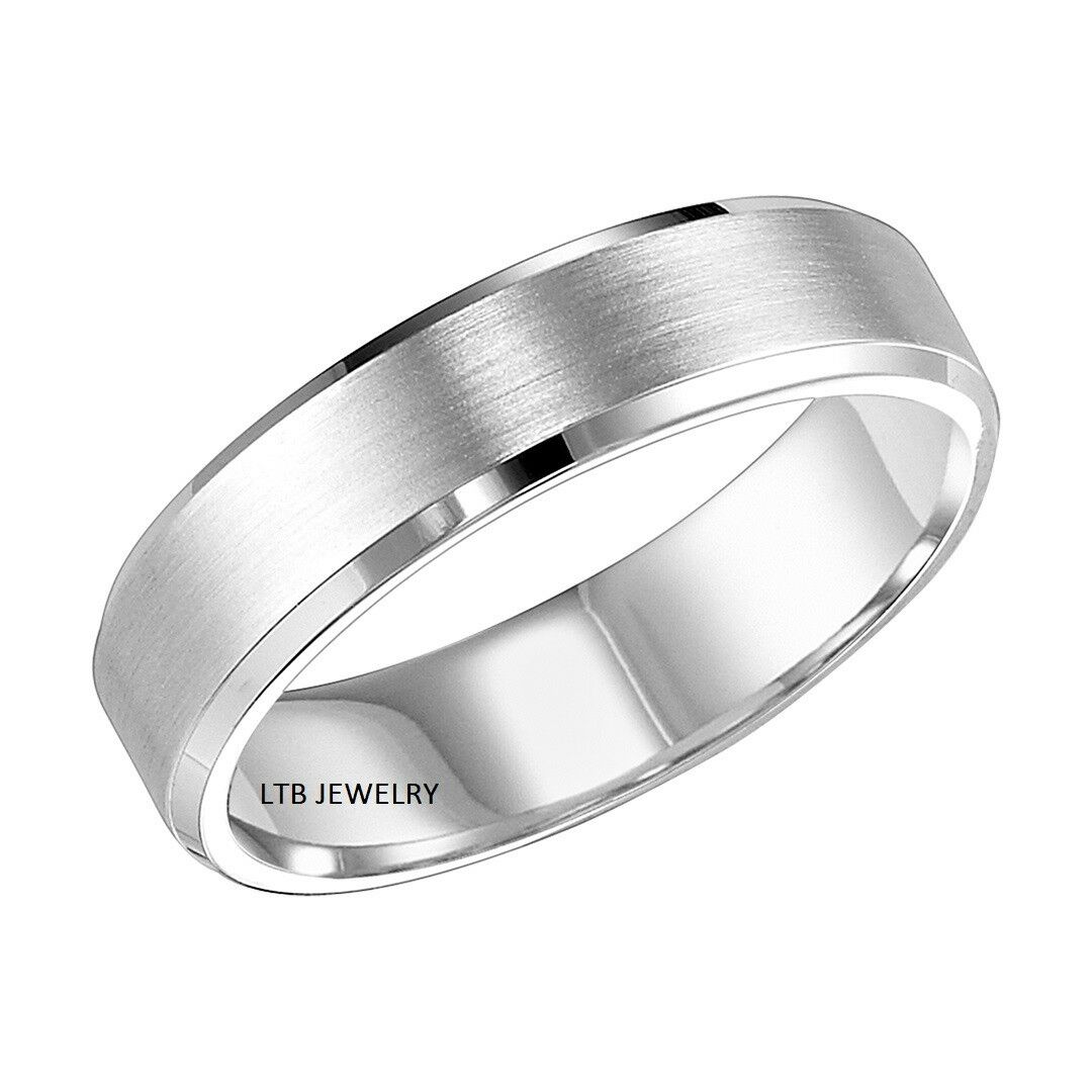 6mm 10K 14K 18K White Gold Beveled Edge Mens Wedding Bands
