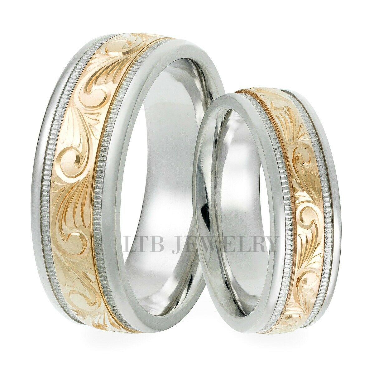 Two Tone Gold Hand Engraved Matching Wedding Rings Set