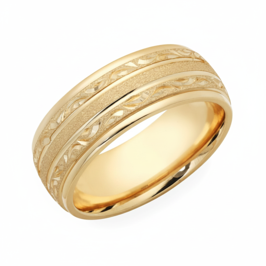 8mm 10K 14K 18K Yellow Gold Hand Engraved Mens Wedding Bands