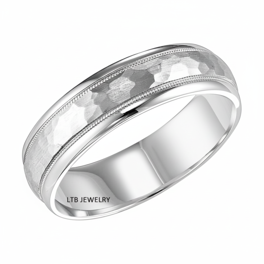 14K Solid White Gold Hammered Finish Wedding Bands