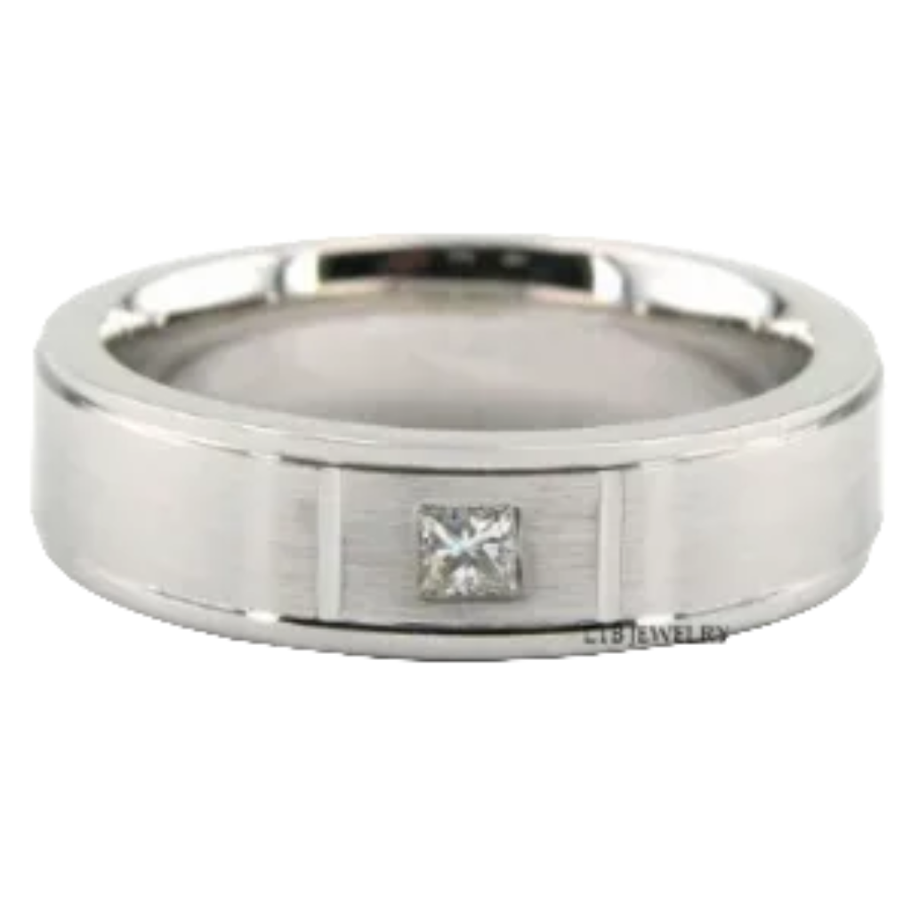 Bague de mariage pour hommes en or blanc 14 carats avec diamant taille princesse de 6 mm