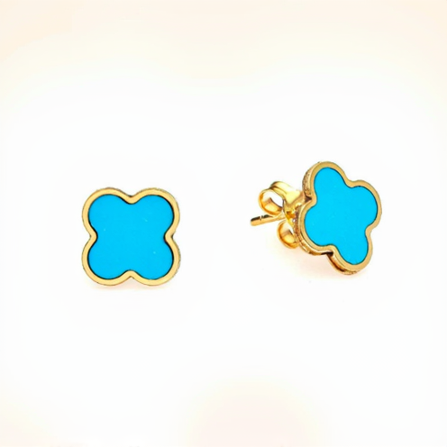 14K Yellow Gold Turquoise Four Leaf Clover Earrings