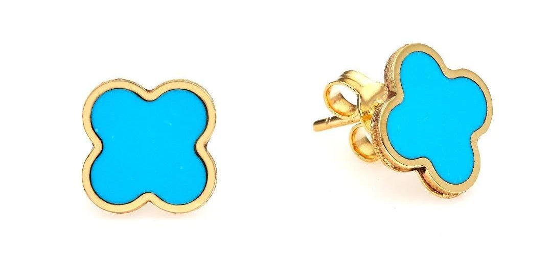 14K Yellow Gold Turquoise Four Leaf Clover Earrings