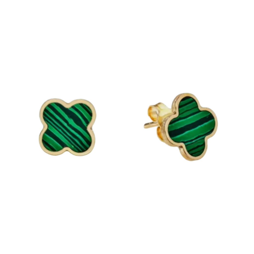 14K Yellow Gold Malachite Four Leaf Clover Earrings