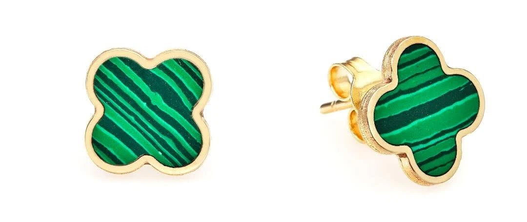 14K Yellow Gold Malachite Four Leaf Clover Earrings