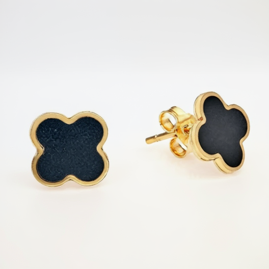 14K Yellow Gold Onyx Four Leaf Clover Earrings