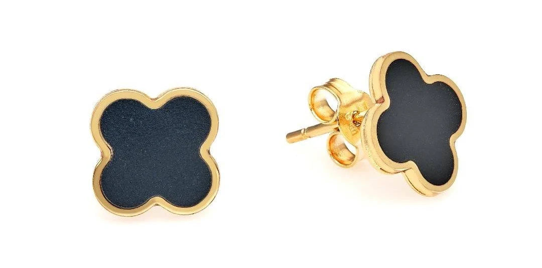 14K Yellow Gold Onyx Four Leaf Clover Earrings