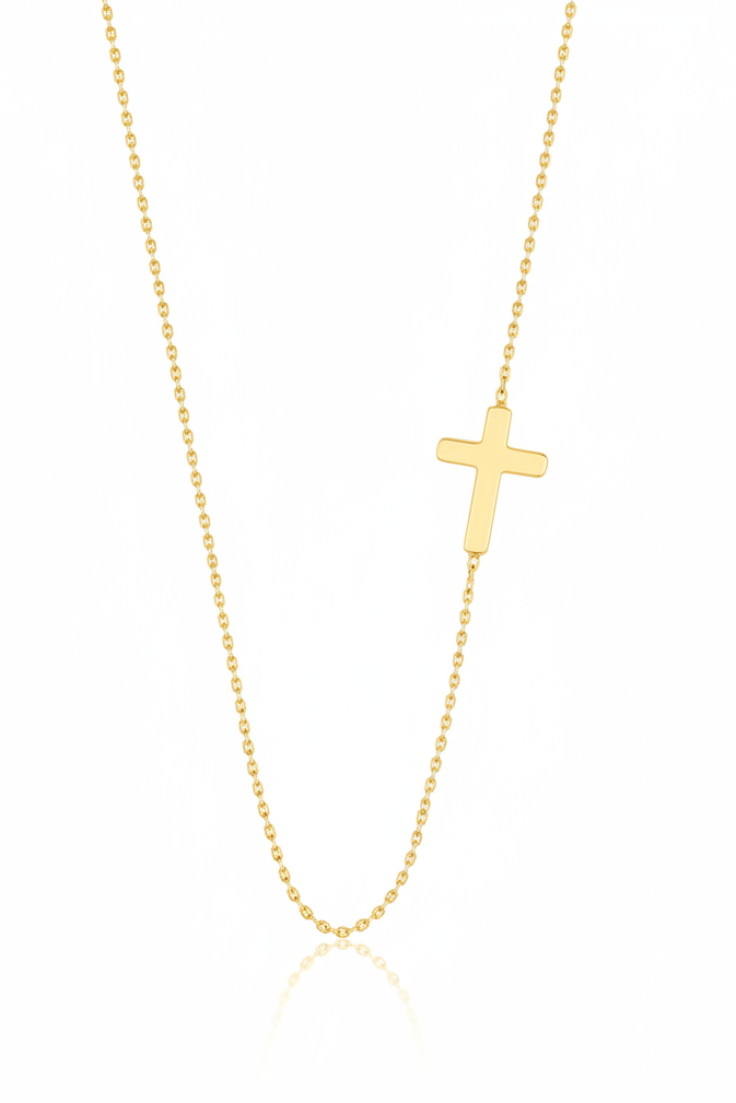 Collier croix latérale en or jaune massif 14 carats