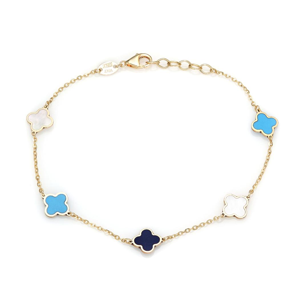 14K Gold Turquoise & Mother of Pearl Clover Bracelet