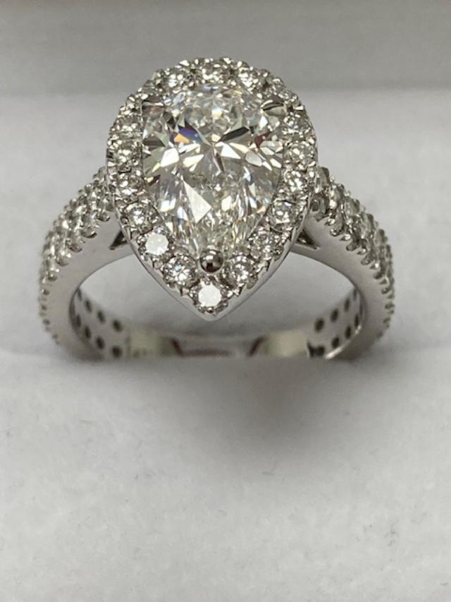 14K white gold pear shape lab diamond engagement ring with side diamonds, IGI certified, shiny finish, size 4-9.