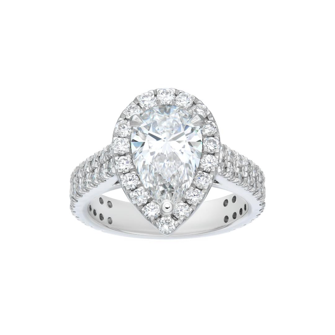 14K white gold pear shape lab diamond engagement ring with side diamonds and shiny finish, certified IGI.