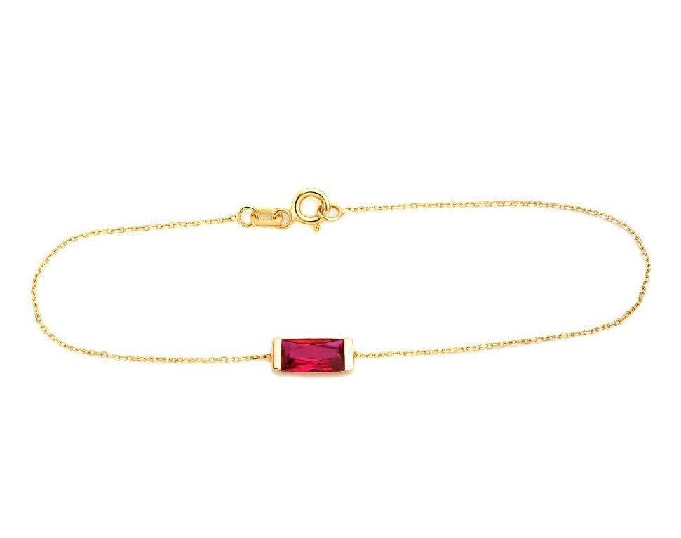 14K solid yellow gold bracelet with baguette lab created ruby, 7 inches long, minimalist elegant design.